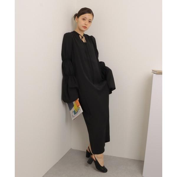 ワンピース shirring sleeve long one piece /リボン付き シャーリング...