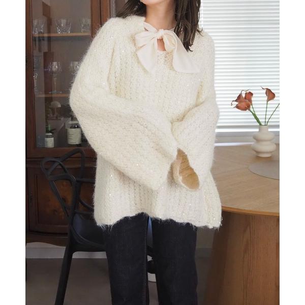ニット セーター chiffon ribbon glitter knit /ラメ シフォン リボン ...