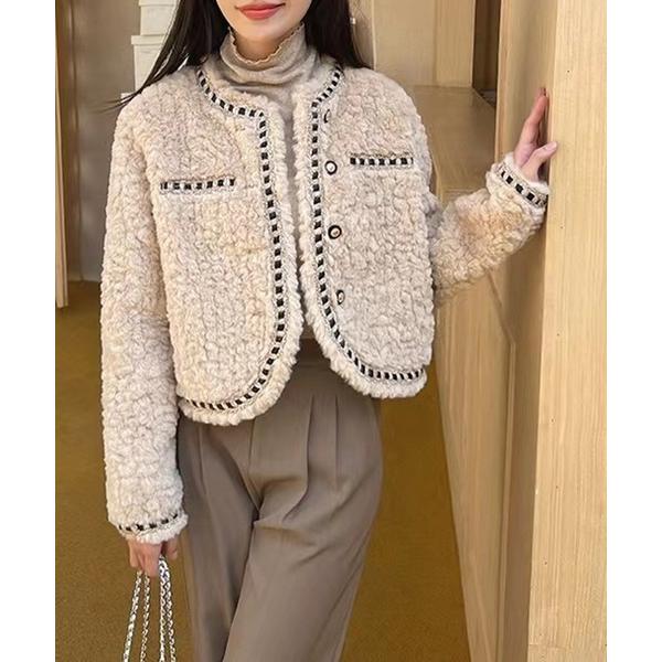 ジャケット ノーカラージャケット ジャガード ファー ノーカラー ボタン ジャケット レディース