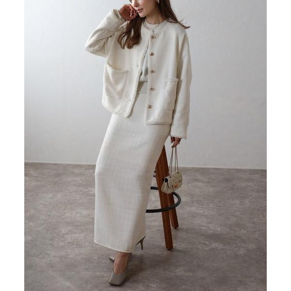 スカート 「SET」ツイードゴールド釦フリンジジャケット×Iラインバックスリットスカート