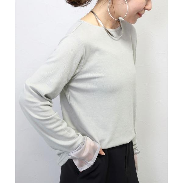 tシャツ 袖シアーボートネックリブプルオーバー レディース