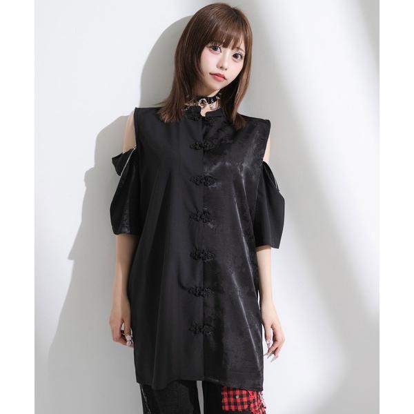 ワンピース 肩開きジップ2wayドラゴン柄配色チャイナブラウス/ワンピース