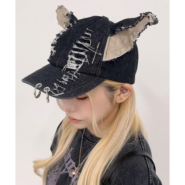 キャップ 帽子 ピアス付ダメージ加工ネコキャップ帽子 レディース