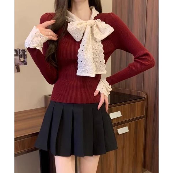 ニット セーター リボンレースタイ切り替えリブニット レディース