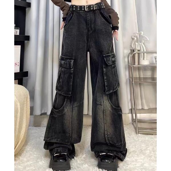 カーゴパンツ グランジ ルーズシルエット ウォッシュ加工 ワイドデニムカーゴパンツ レディース