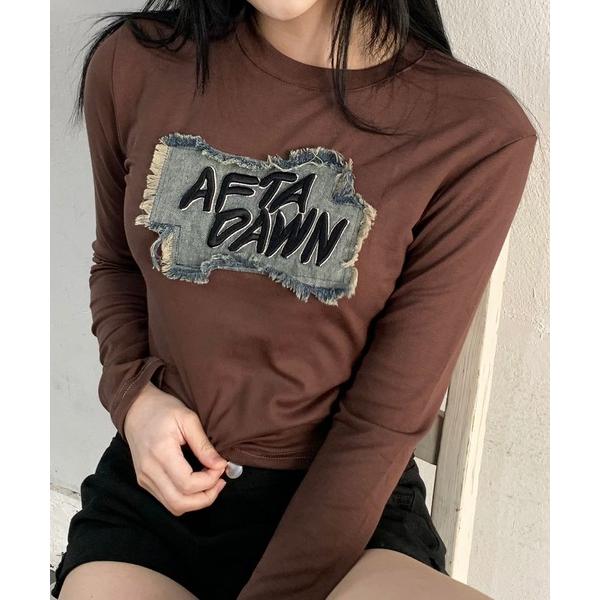 tシャツ ダメージデニムワッペン 刺繍ロゴ ロンT レディース