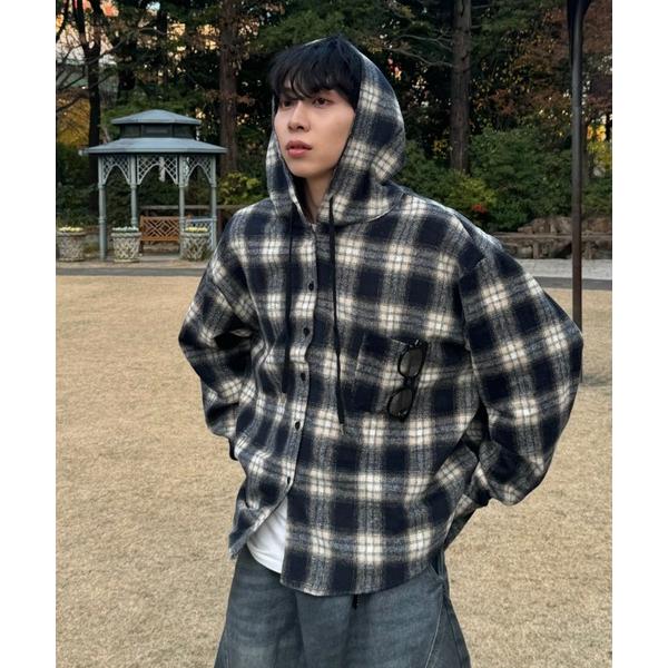 シャツ Theater code × 6hourssleep オーバーサイズ チェックフーディシャツ...