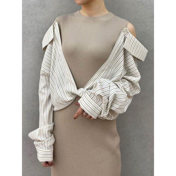 ワンピース シャツドッキングリブニットワンピース