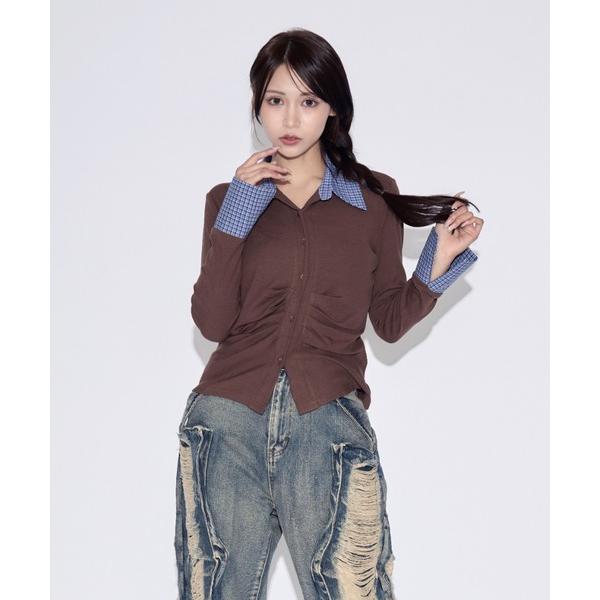 ブラウス シャツ Ruched Striped Ribbed Cardigan / シャーリングスト...