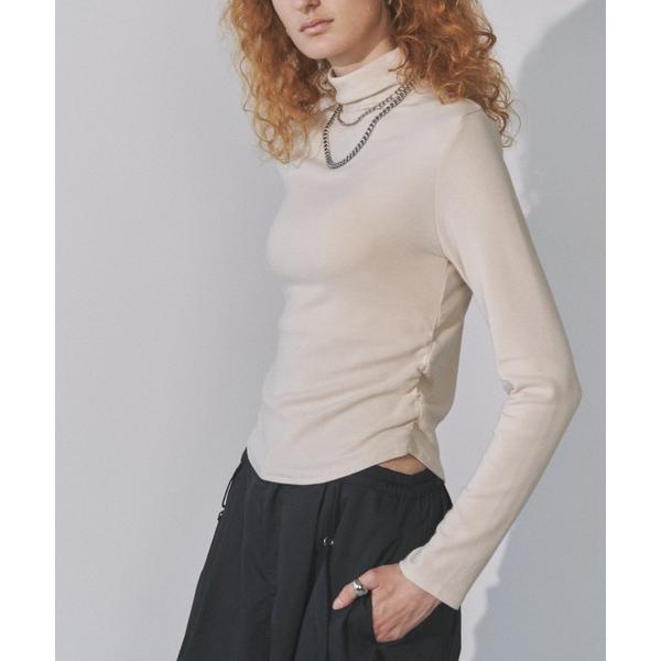 tシャツ サイドギャザーシンプルカットタートルネックトップス レディース