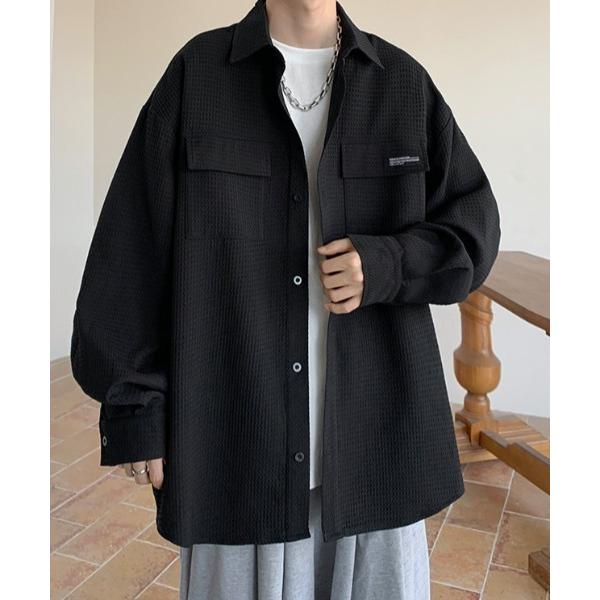 シャツ ワンポイント ワッフルライク ルーズワークシャツ メンズ