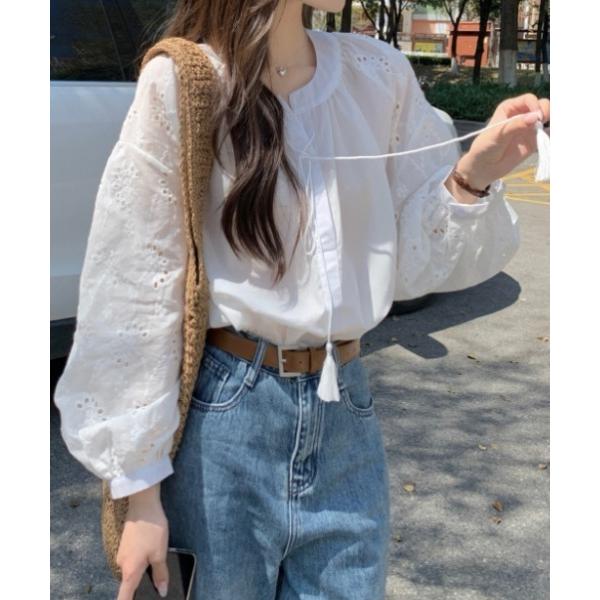 ブラウス シャツ 袖スカラップバルーンスリーブフラワーリボンブラウス レディース