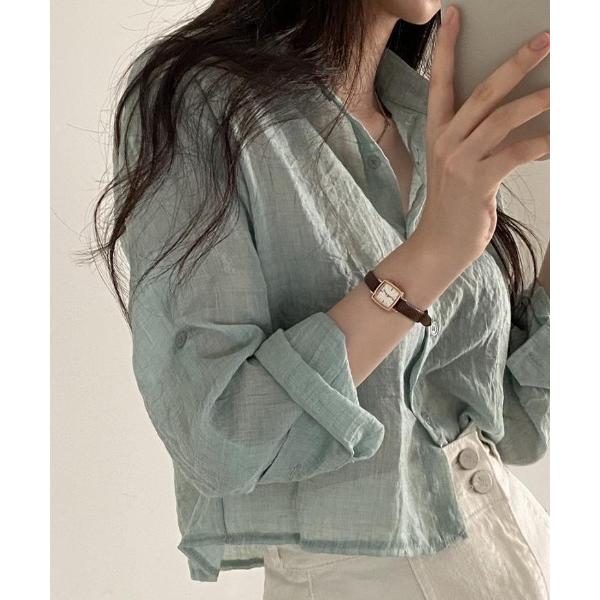 ブラウス シャツ リネンライク　ショート シースルールーズシャツ　透け感 レディース