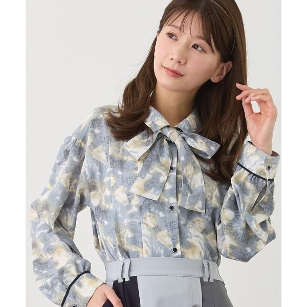 ブラウス シャツ ボウタイ付きアシンメトリー柄シャツ レディース