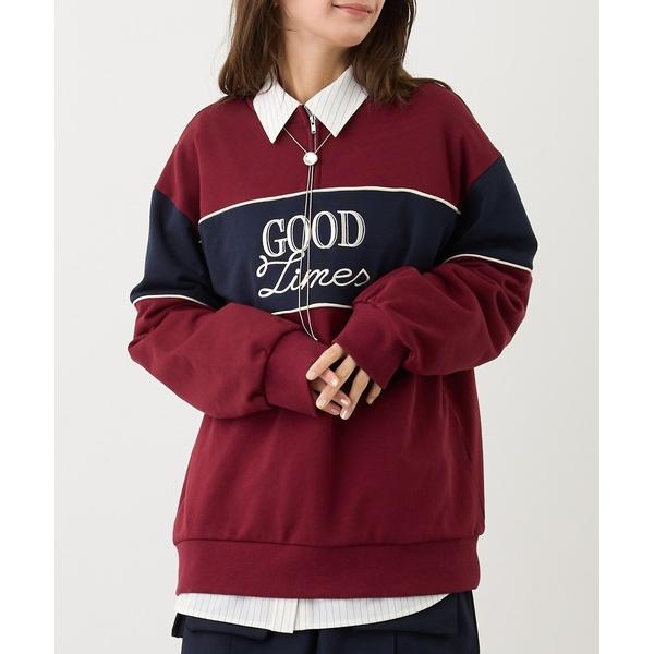 トレーナー スウェット ZIP付きバイカラー刺繍スウェット レディース