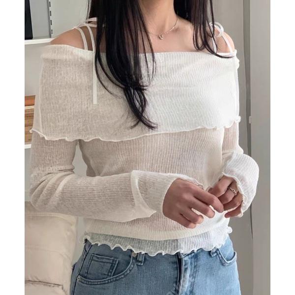 tシャツ リボンシースルー 長袖オフショルロンT レディース