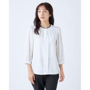 ブラウス シャツ 「７分丈」配色切り替えバンドカラープルオーバートップス レディース