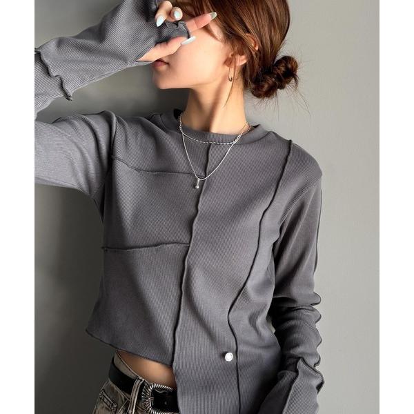 tシャツ 「mily bilet」さりげない華やかさを演出。アシメ切り替えクロップドテレコロンT（長...