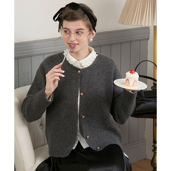 カーディガン 「BONLECILL noir」金ボタンクルーネックノーカラーニットジャケット レディ...