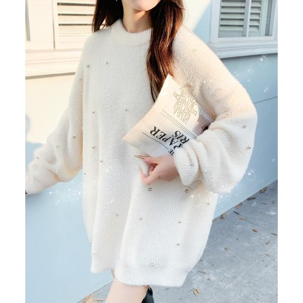 ニット セーター ふわふわ×パールで大人ガーリー　パール付きシャギーニット レディース