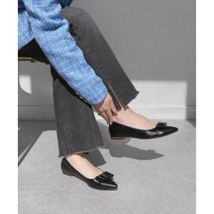 パンプス ポインテッドトゥ リボン付きフラットシューズ