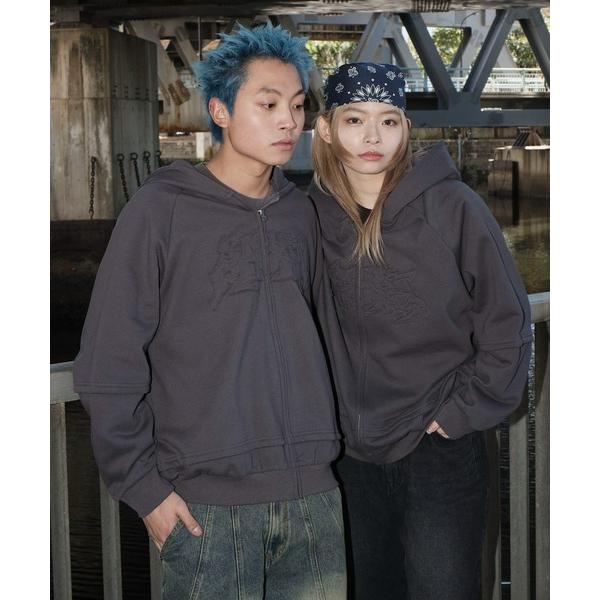 パーカー SHORT ROUND/ダメージアップリケレイヤードZIPパーカー メンズ レディース