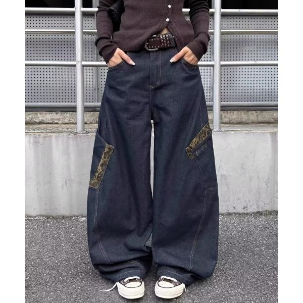 ジーンズ デニム デニムパンツ レオパード柄 バレルレッグ ワイドカーブデニムパンツ レディース