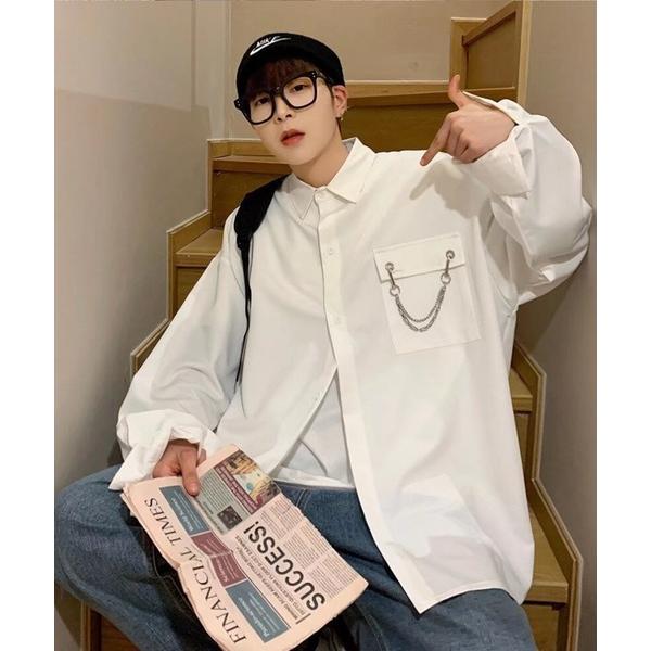 シャツ 「2025」ポケットチェーン付き無地オーバーサイズ長袖シャツ メンズ レディース
