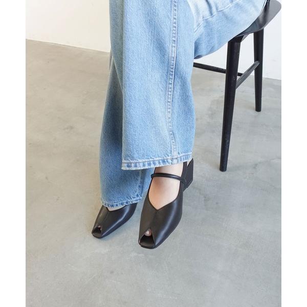 パンプス ピープトゥバックベルトウエッジパンプス