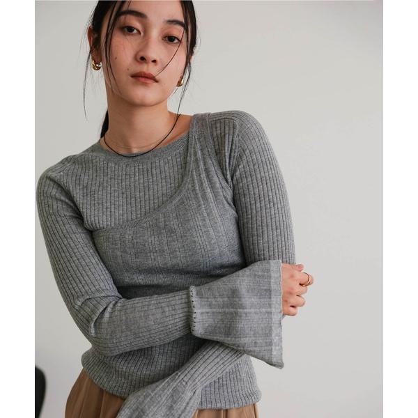 ニット セーター ワンショルダービスチェ付 リブニットプルオーバー レディース