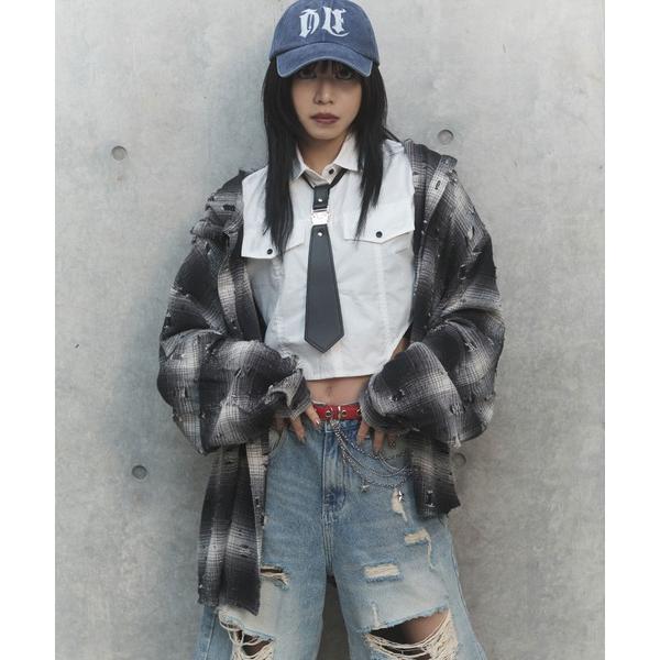 ブラウス シャツ ダメージフードチェックシャツ レディース メンズ
