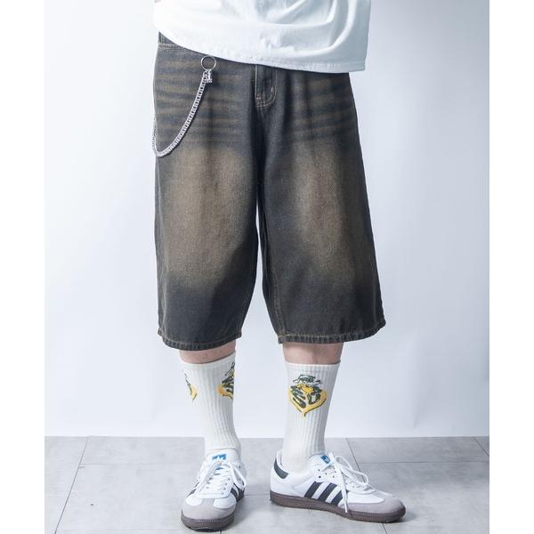 ワイドパンツ ハーフパンツ ジーンズ 短パン vintage like overdye loose ...