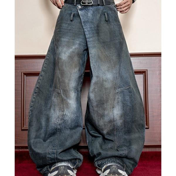 ジーンズ デニム デニムパンツ ダメージ加工 バギー スーパー ワイド ヴィンテージライク 韓国 古...