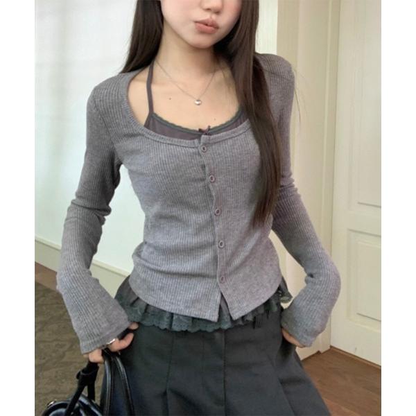 tシャツ レースタンクトップ+リブカーディガンSET レディース