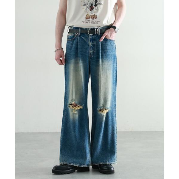 ジーンズ ヴィンテージライク/ダメージ加工バギーフレアパンツ メンズ