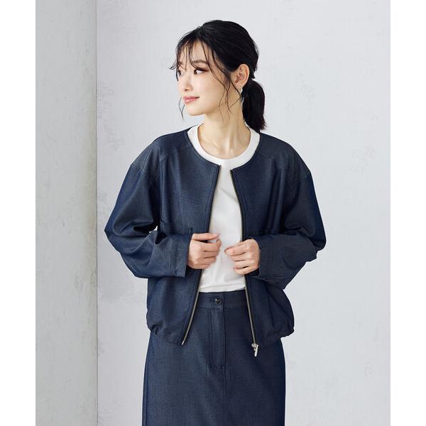 デニムジャケット gジャン デニムライク　ノーカラーブルゾン / セットアップ対応 レディース