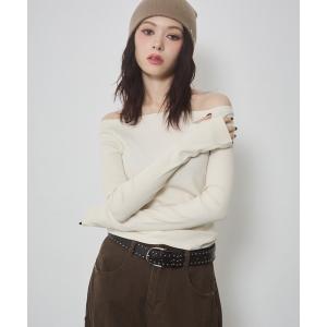 tシャツ フィンガーホール ラメリブオフショルトップス レディース