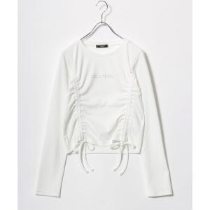 tシャツ CECIL McBEE（セシルマクビー）ギャザードロストリボン ラインストーンロゴリブニットロンT レディース/長袖 レディース