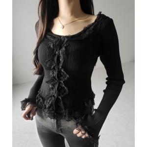 カーディガン 「 ３color 」レースフリルドッキングリブニットカーディガン ／ lace frill docking rib knit cardi