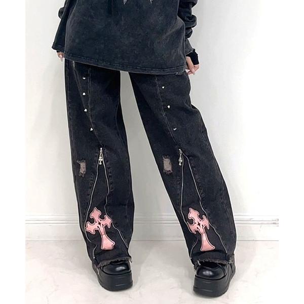ジーンズ デニム デニムパンツ スタッズピンク十字架デニムパンツ レディース