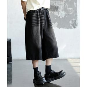 ワイドパンツ ジーンズ 「neos」ルーズシルエット ヴィンテージライク オーバーダイ 7分丈 バギー バミューダ デニム ハーフパンツ メンズ レディース