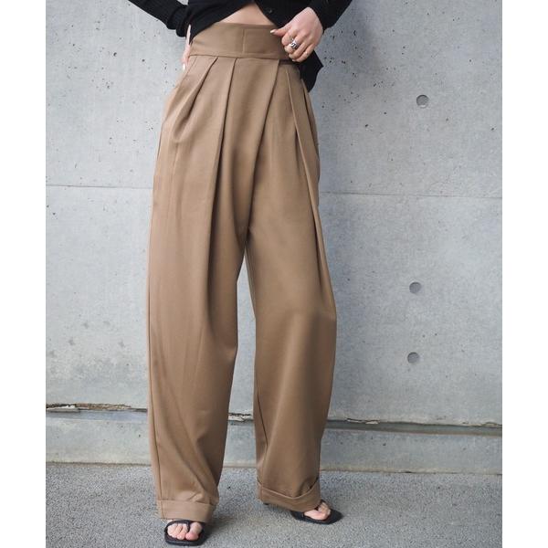 ワイドパンツ スラックス パンツ tuck wide curved pants /ハイウエスト タッ...