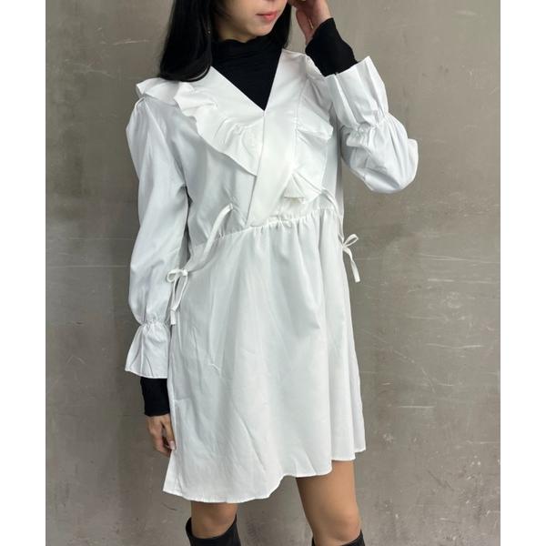 ワンピース 肩フリル Vネック パフスリーブ フレアミニワンピース