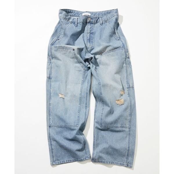 ジーンズ ワイドシルエット ダメージ加工 ダブルニー ヒッコリーデニムパンツ メンズ