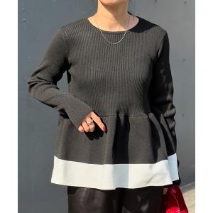 ニット セーター 配色スポンジニットペプラムトップス レディース
