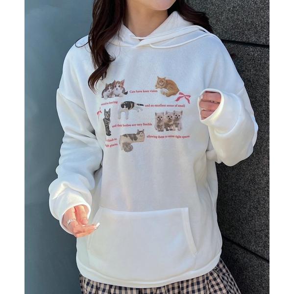 パーカー ねこいっぱいリボンパーカー レディース