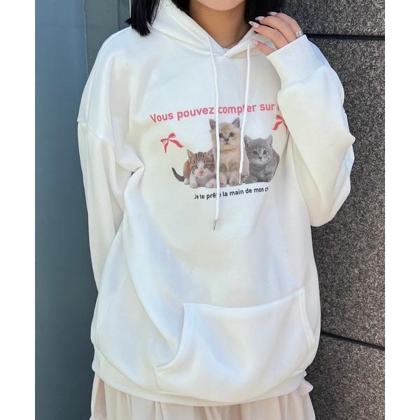 パーカー ねこピンクリボンパーカー レディース