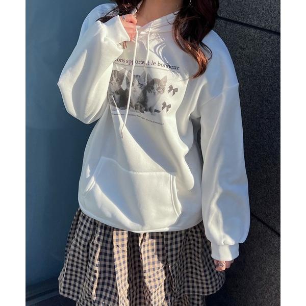 パーカー モノクロねこパーカー レディース