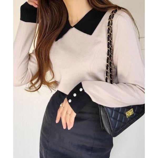 ニット セーター ポイントパール襟付きニット レディース