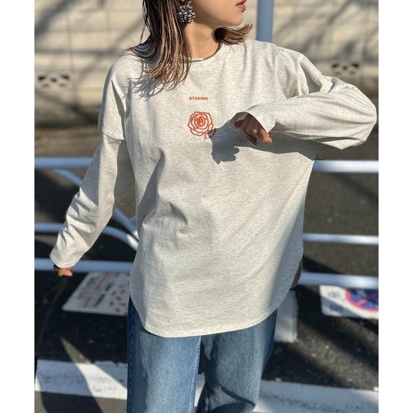 tシャツ ワンポイント ロゴフラワー刺繍 ラウンド レイヤードロンT レディース